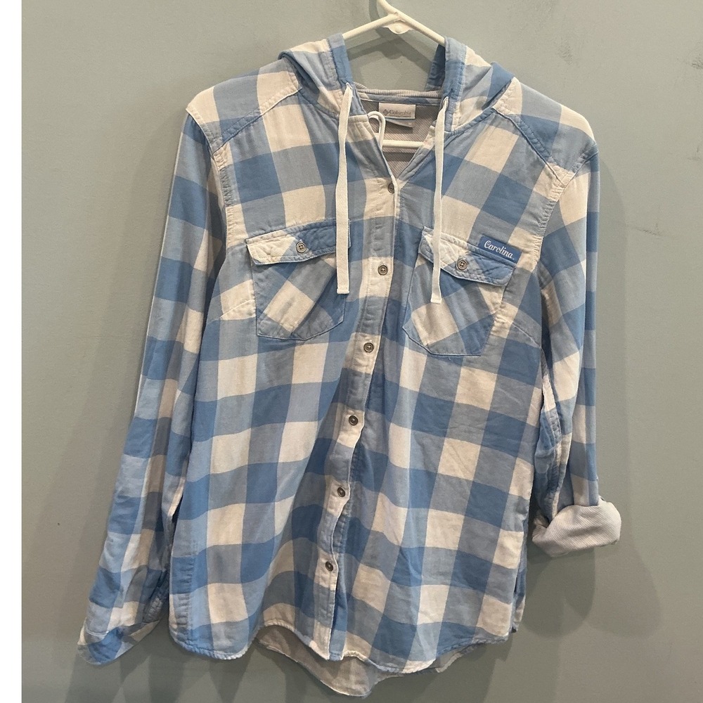 Columbia Women Cotton Carolina Blue Hooded Flannel Shirt M UNC Plaid Collegiate